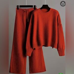 2 piece Orange Red Sweater and Wide-Leg Pants Set
